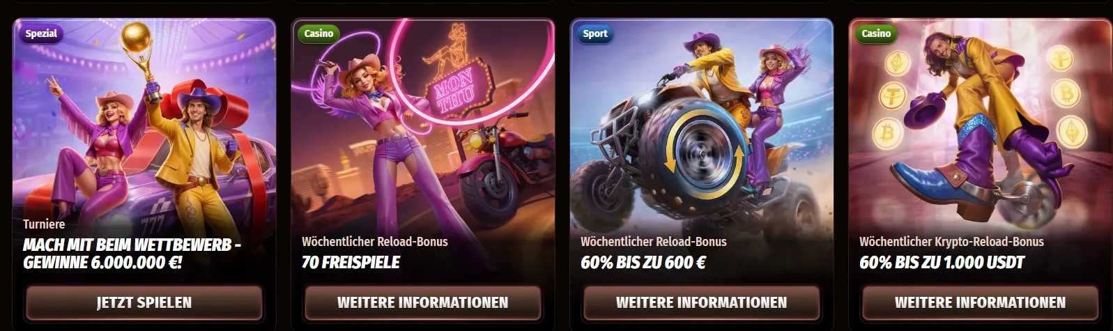 German casino promotions row featuring a tournament card, weekly reload bonus with 70 free spins, weekly reload deposit bonus, and a crypto weekly reload bonus, with illustrated characters and “More Information” or “Play Now” buttons on a dark background.