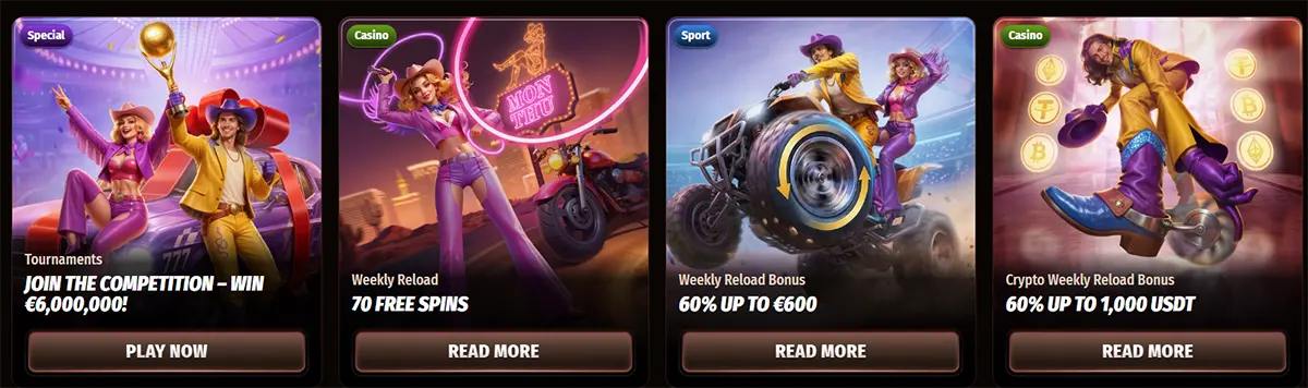Casino promotions row featuring a tournament card, weekly reload offer, weekly reload bonus, and crypto weekly reload bonus with illustrated characters and “Play Now” or “Read More” buttons on a dark background.