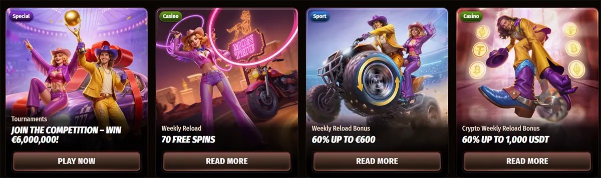 Casino promotions row featuring a tournament card, weekly reload offer, weekly reload bonus, and crypto weekly reload bonus with illustrated characters and “Play Now” or “Read More” buttons on a dark background.
