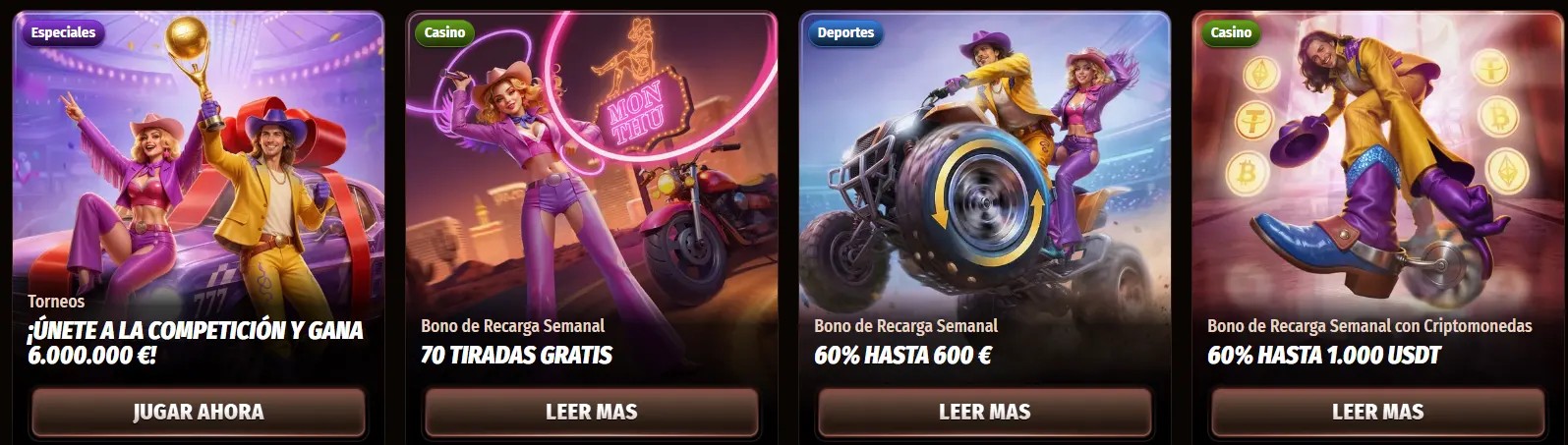 Spanish casino promotions row featuring a tournament card, weekly reload with 70 free spins, weekly reload deposit bonus, and a weekly crypto reload bonus, with illustrated characters and “Read More” or “Play Now” buttons on a dark background.