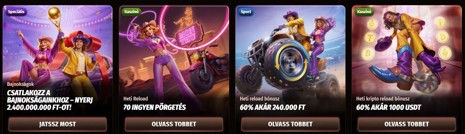Hungarian casino promotions row featuring a special tournament card, weekly reload with 70 free spins, weekly reload deposit bonus, and a weekly crypto reload bonus, with illustrated characters and “Read More” or “Play Now” buttons on a dark background.