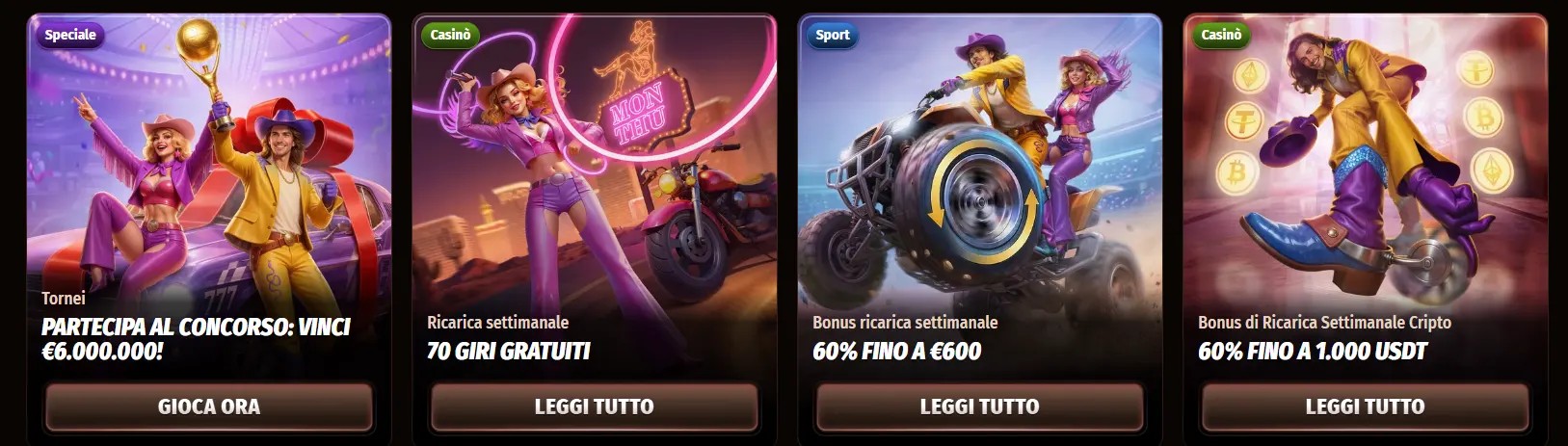 Italian casino promotions row featuring a special tournament card, weekly reload with 70 free spins, weekly reload deposit bonus, and a weekly crypto reload bonus, with illustrated characters and “Read All” or “Play Now” buttons on a dark background.