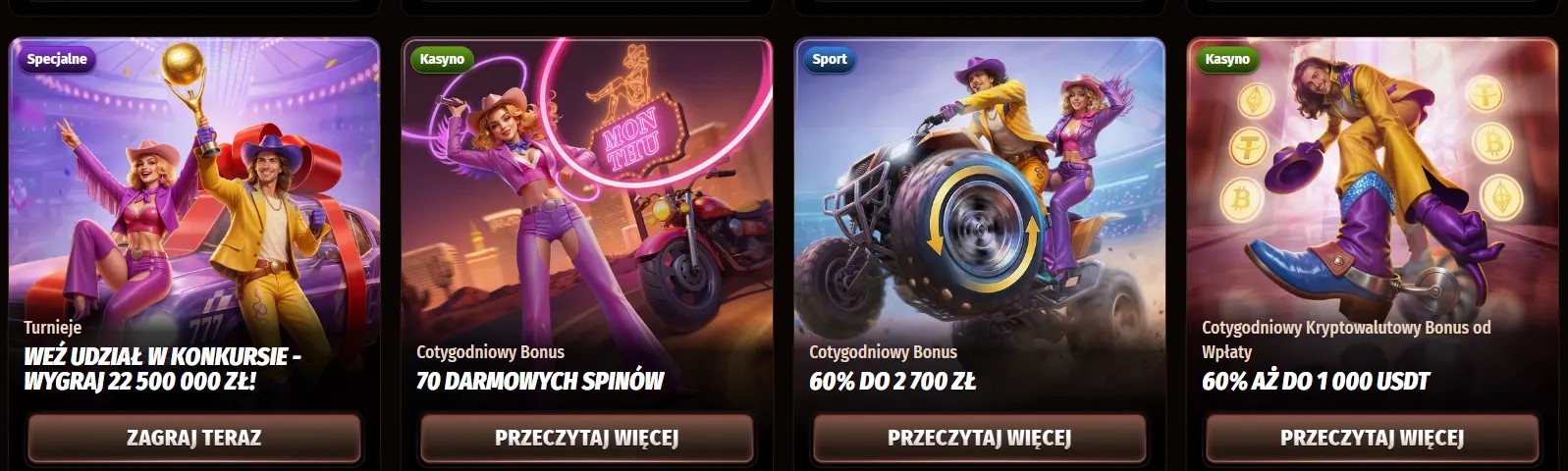 Polish casino promotions row featuring a tournament card, weekly bonus with 70 free spins, weekly deposit bonus, and a crypto weekly deposit bonus, with illustrated characters and “Read More” or “Play Now” buttons on a dark background.