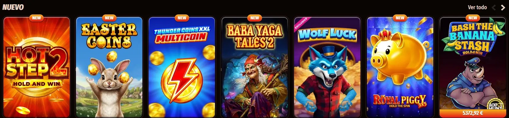 Spanish new casino games row featuring titles such as Hot Step 2, Easter Coins, Thunder Coins XXL Multicoin, Baba Yaga Tales 2, Wolf Luck, Royal Piggy Hold the Spin, and Bash the Banana Stash on a dark interface.