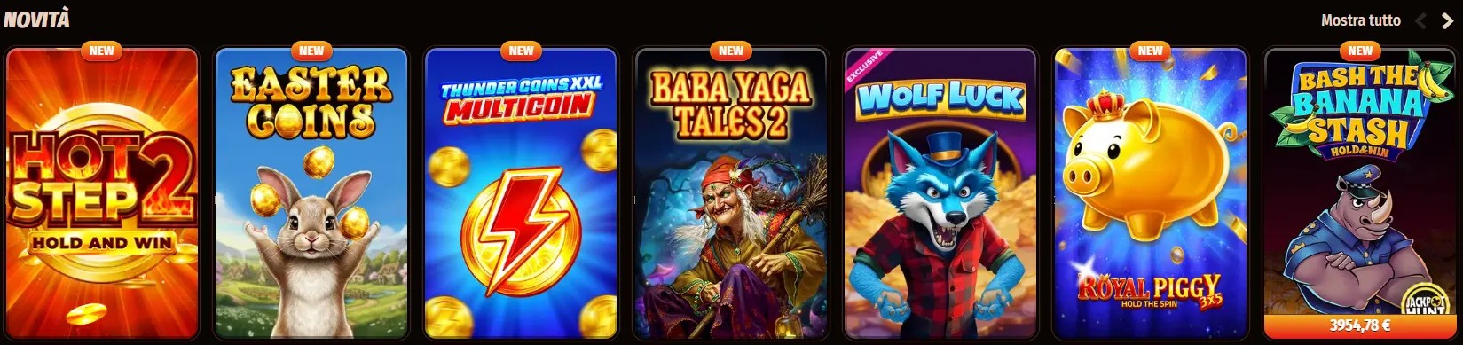 Italian new casino games row featuring titles such as Hot Step 2, Easter Coins, Thunder Coins XXL Multicoin, Baba Yaga Tales 2, Wolf Luck, Royal Piggy Hold the Spin, and Bash the Banana Stash on a dark interface.