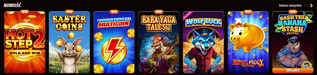 Polish new casino games row featuring titles such as Hot Step 2, Easter Coins, Thunder Coins XXL Multicoin, Baba Yaga Tales 2, Wolf Luck, Royal Piggy Hold the Spin, and Bash the Banana Stash on a dark interface.