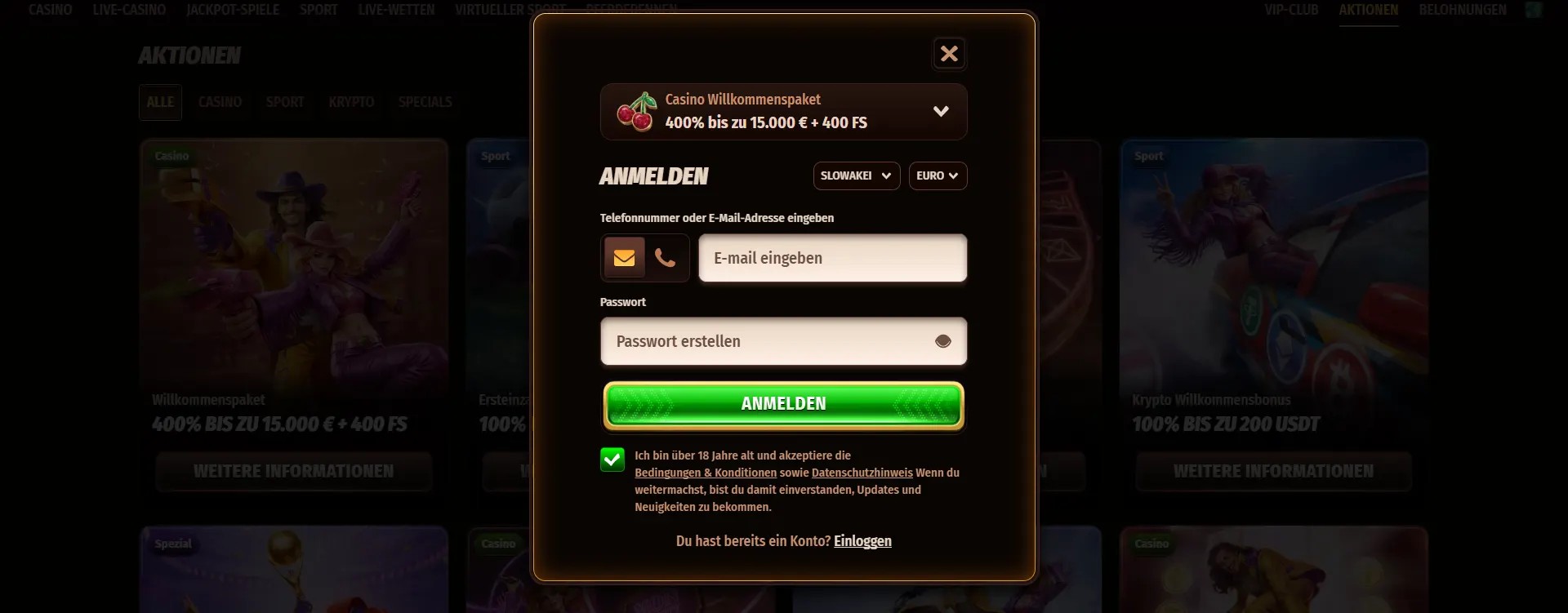 German casino sign-up popup with a welcome package offer of 400% up to €15,000 plus 400 free spins, featuring email and password fields, a bright green registration button, and a dark blurred promotions background.