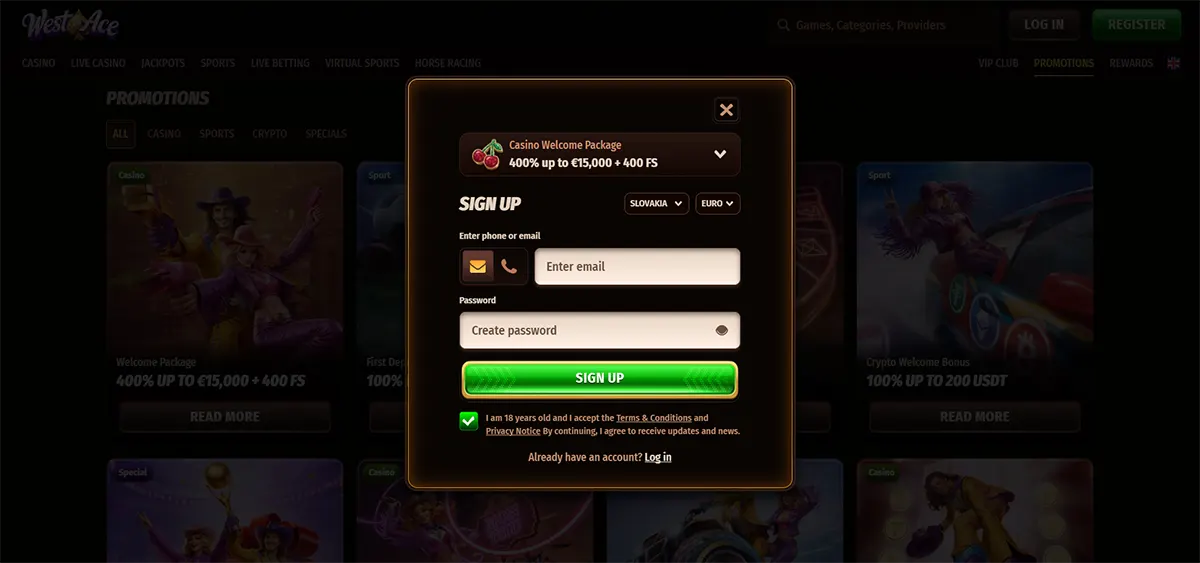 Casino sign-up popup with a welcome package offer of 400% up to €15,000 plus 400 free spins, featuring email and password fields, a bright green sign-up button, and a dark promotions background.