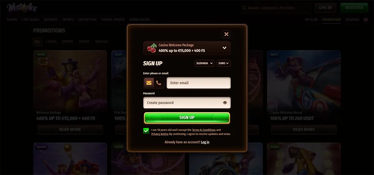 Casino sign-up popup with a welcome package offer of 400% up to €15,000 plus 400 free spins, featuring email and password fields, a bright green sign-up button, and a dark promotions background.