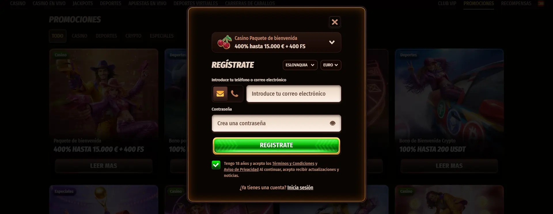 Spanish casino sign-up popup with a welcome package offer of 400% up to €15,000 plus 400 free spins, featuring email and password fields, a bright green registration button, and a dark blurred promotions background.