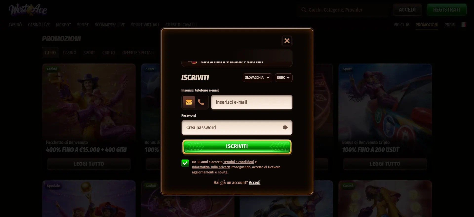 Italian casino sign-up popup with email and password fields, a bright green registration button, and a dark blurred promotions background.
