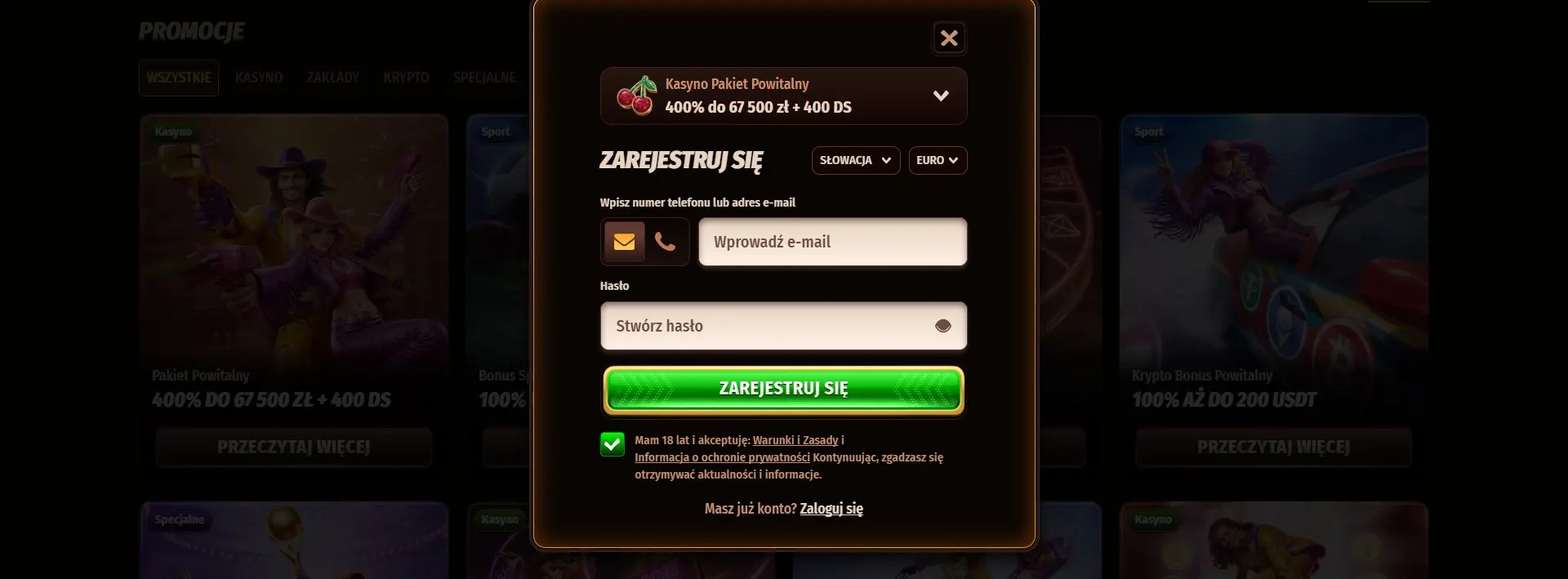 Polish casino sign-up popup with a welcome package offer of 400% up to 67,500 zł plus 400 free spins, featuring email and password fields, a bright green registration button, and a dark blurred promotions background.